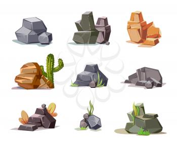 Stones and nature rocks set with cartoon green grass. Vector stone and rock set illustrations isolated on white background