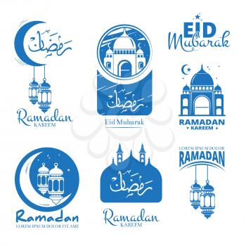 Ramadan kareem holy celebration. Vector ramadans monochrome badges set with arabian moon, calligraphy and mosque for logo or labels design