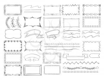Doodle frame borders, hand drawn ribbon banners and sketch design decoration elements vector set. Frame and branch, ribbon and curl elements, illustration of creativity decoration frames