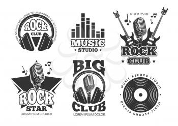 Retro audio record, studio sound vector labels, badges, logos, emblems. Sound studio record emblem, illustration of rock music club
