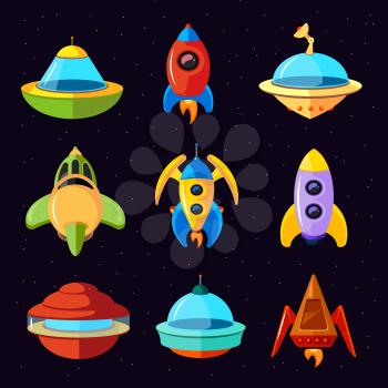 Cartoon vector fantastic ufo, spaceships and rockets vector. Set of spaceship and rocket, illustration of ufo spaceship in space
