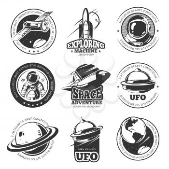 Retro space, astronaut, astronomy, spaceship shuttle vector labels, logos, badges, emblems. Explore mission space, illustration of rocket in space explore travel