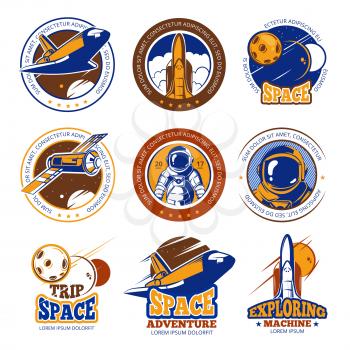 Astronaut flight, aviation, space shuttle and rockets vintage vector labels, logos, badges, emblems. Travel in galaxy, illustration travel in cosmos