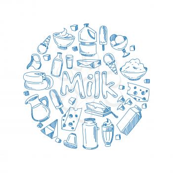 Sketch milk products, farm breakfast vector concept with doodle dairy icons. Set of dairy food badge, illustration of round shape organic natural dairy products