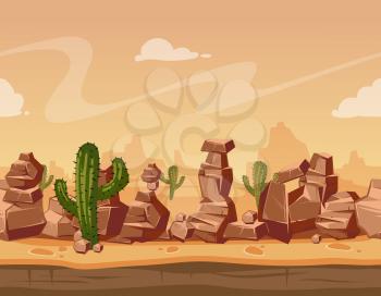 Vector cartoon seamless landscape with stones and cactus. Game wild background illustration. Nature scene landscape seamless with mountain desert, panorama nature with green cactus