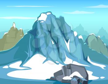 Simple vector background illustration with rock. Big mountains and blue sky, hillside mountain skyline. Landscape with snow mountain, nature outdoor mountain for tourism and mountaineering