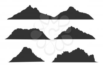 Mountains black silhouettes for outdoor design or travel labels vector set. Black silhouette mountain template, illustration of highland peak mountains
