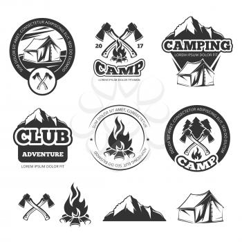 Nature vintage labels set for scout camp. Camping badges with tourist tent. Adventure vector illustrations. Camping and club adventure emblems