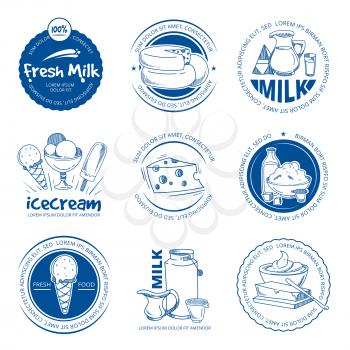 Natural dairy products, farm fresh milk vector hand drawn labels and logos. Label dairy food cheese and butter, illustration of organic dairy product emblem