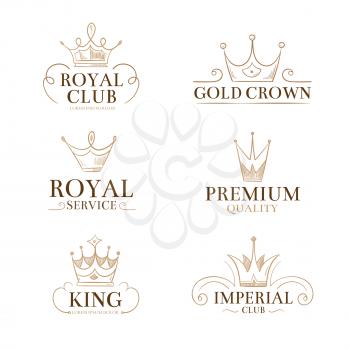 Vintage princess vector labels and logos with crowns. Linear royal crown, illustration of royal club and service