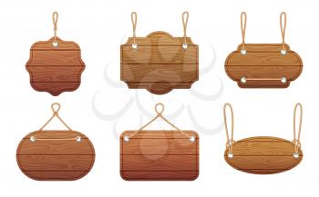 Hanging signs with wood texture isolate on white background. Vector illustration set. Wood board hanging on rope, blank texture wooden board