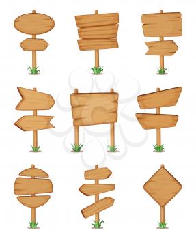 Empty wooden round and square signpost standing in grass. Vector illustration set. Various wooden plywood signpost, wooden guidepost or billboard