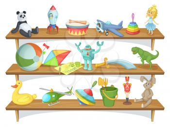 Illustration of childrens store with funny cartoon toys on shelves. Vector set of toys. Wooden shelf with toys pyramid and rocket, dinosaur and rabbit