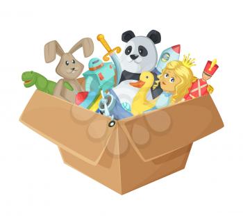 Children toys in cardboard box. Funny vector illustration isolate on white background. Baby toys rocket and soldier in box, dinosaur and sword toys