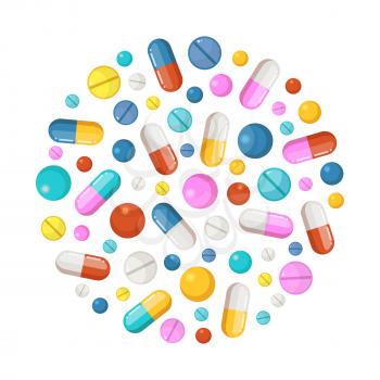 Healthy elements in circle shape background. Vector icons of drugs, long tablets and round pills. Drug pill and tablet, illustration of colored pharmaceutical capsule and tablet vitamin