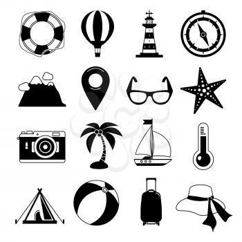 Summer time. Vector Black icon set. Sunrise, sea and vacation tour. Monochrome leisure illustrations. Set of relax and leisure icons, collection of recreation vacation black icons