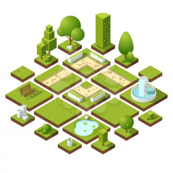 Isometric urban elements and garden decoration. Benches, fountain trees and bushes. Vector illustration set. Urban decoration elements for garden or park, outdoor landscape design elements