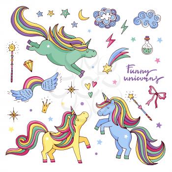 Vector funny set with rainbow, unicorn and other magic attributes. Stars, clouds and wings. Fabulously character unicorn and elements, illustration of magic fantasy character