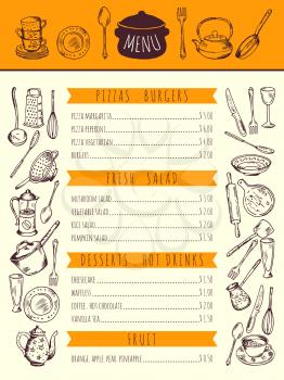 Restaurant food menu for lunch. Hand drawn pictures of kitchen tools. Vector illustration. Design menu with kitchen tools, restaurant menu breakfast and lunch
