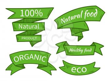 Vector natural food, eco, organic product templates, badges, labels. Hand drawn ribbons. Vector illustration. Ribbons for natural product organic