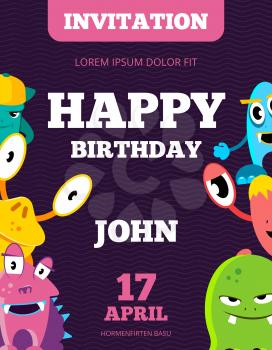 Children happy birthday invitation vector card with playful funny laughing monsters. Birthday invitation card with happy monster, illustration of banner with animal monsters
