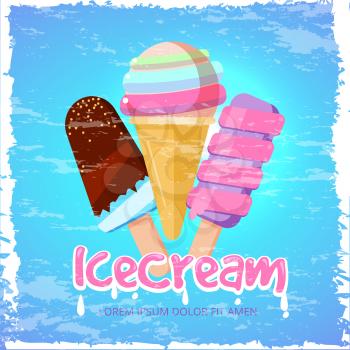 Ice cream dessert summer vector poster, menu design template. Ice cream food, illustration of template banner with color ice cream