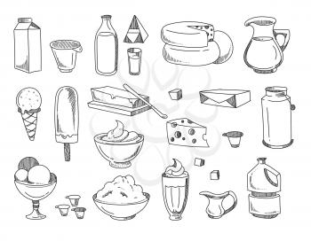 Doodle dairy and milk products. Vector hand drawn icons. Set of dairy product for breakfast, illustration of dairy food fresh