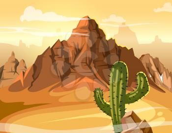 Desert hills, cactus near big mountain. Vector yellow background illustration. Western mountain desert panorama, natural mountain and green cactus