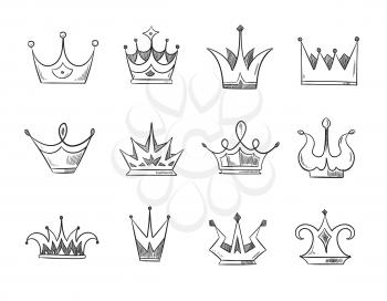 Hand drawn doodle nobility queens crowns vector. Set of line crowns, illustration of crown for prince or monarch