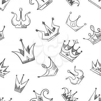 Sketch doodle crowns seamless pattern. Sketch of crown pattern, illustration of princess cartoon crown