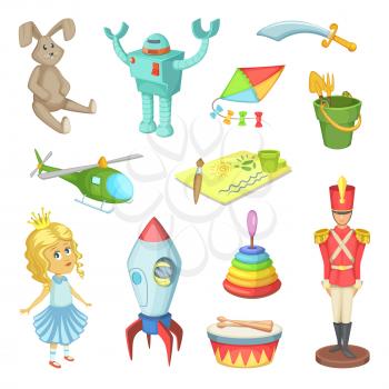 Cartoon set of toys for kids boys and girls. Funny vector icons toys robot and rabbit, doll and soldier. Illustration of child toys