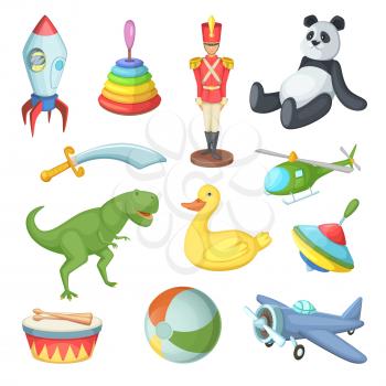 Vector illustration of funny cartoon toys for childrens isolate on white background. Cartoon plane and toys animal, whirligig and rocket toy