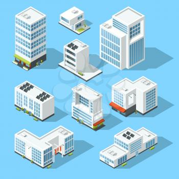 Isometric industrial buildings, offices and manufactured houses. 3d map vector illustration set. Office building template, exterior building of set icons