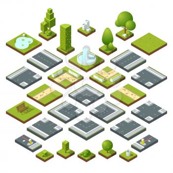 Vector set of isometric city elements, crossroads, road, garden decoration. Benches, fountain trees and bushes. Construction road and elements bench and flora, illustration of corner road