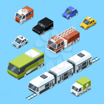 Vector isometric transport, 3d car icons set isolate on white background. Urban traffic pictures. Transport car isometric icon, illustration of auto transport
