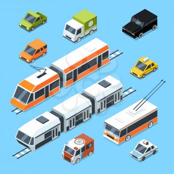 Isometric municipal transport set. Vector illustration isolate on white background. Car and isometric, transport for passenger, automobile patrol and ambulance car