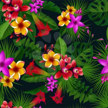 Exotic summer tropical flowers. Vector seamless pattern. Vintage illustration. Botanical tropical pattern with plants and colored flowers, natural colored bloom flower exotic garden