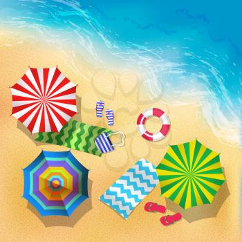 Top view vector illustration of beach, sand and umbrella. Summer background. Summer sand beach with colored umbrella, view to sea beach