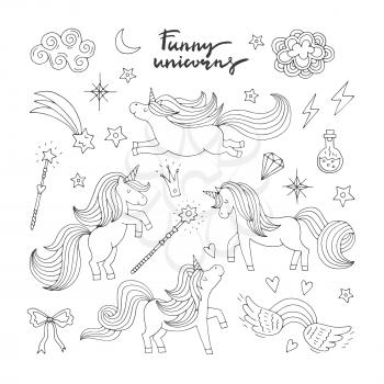 Magic funny icon set. Children doodle style. Wizard, unicorn and miracle. Vector illustration isolate on white background. Animal unicorn magic, linear fairy wild unicorn