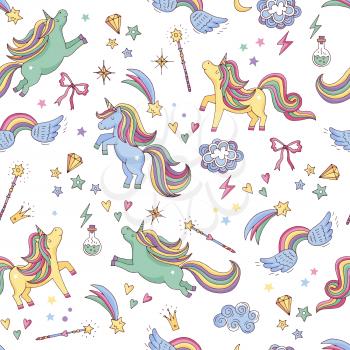 Vector seamless pattern of unicorn, clouds, rainbow and magic wand. Background with rainbow and character unicorn, illustration of dream myth magic unicorn
