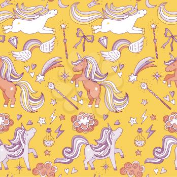 Seamless pattern with funny magic elements. Unicorn, wizard and miracle. Vector background with unicorn fantasy illustration