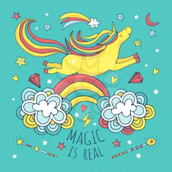 Magic vector background, poster with unicorn and rainbow. Banner with unicorn cartoon, illustration of funny unicorn animal