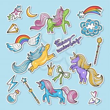 Fashioned vector stickers. Nineties retro style. Unicorn, rainbow an other magic elements. Set of sticker cartoon unicorn, illustation of stickers wing and potion