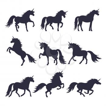 Mythology illustrations set of unicorns silhouette in different poses. Vector pictures of medieval black horses. Black silhouette unicorn, illustration of animal magic silhouette