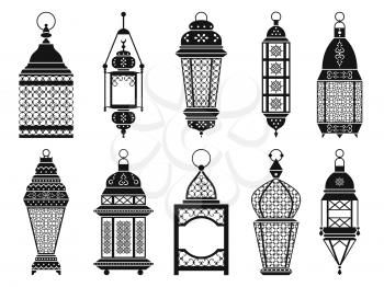Vector silhouette of vintage arabic lanterns and lamps isolate on white background. Black lantern for ramadan, illustration of monochrome frame lantern