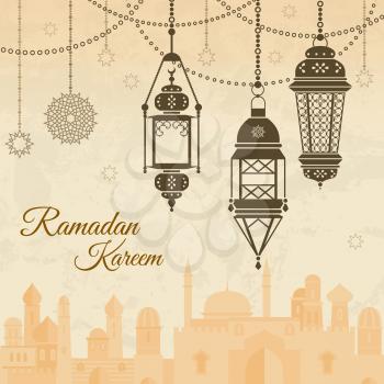 Ramadan eid mubarak Festival background with lamp of Islmaic style. Vector illustration. Banner traditional islamic ramadan, muslim lamp for festival ramadan