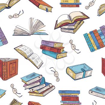 Different books from library. Doodle vector illustrations. Seamless pattern with book library, pattern background school book literature