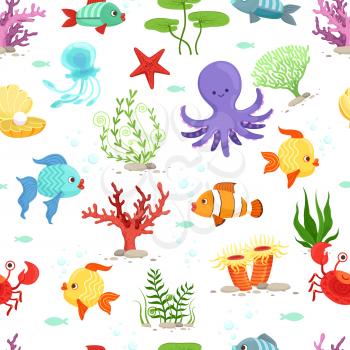 Funny underwater life with sea plants and fishes. Vector seamless pattern. Fish animal in ocean, wallpaper with sea wildlife illustration