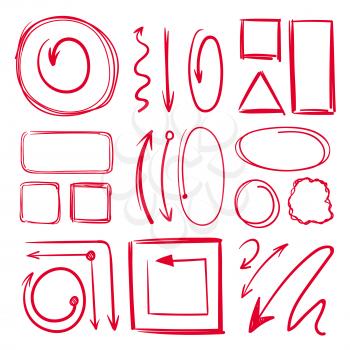 Marker, underlines and different doodle frames with arrows. Vector hand drawn collection marker line sketch drawing illustration