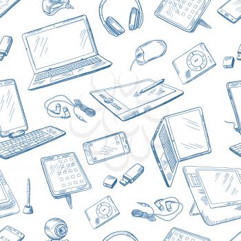 Different computer devices in hand drawn style. Vector seamless pattern with computer laptop and digital sketch electronic equipment illustration